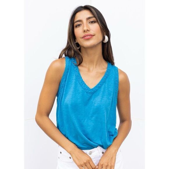 MICHAEL STARS DINA MIX V-NECK TANK-PACIFIC New - Picture 1 of 9